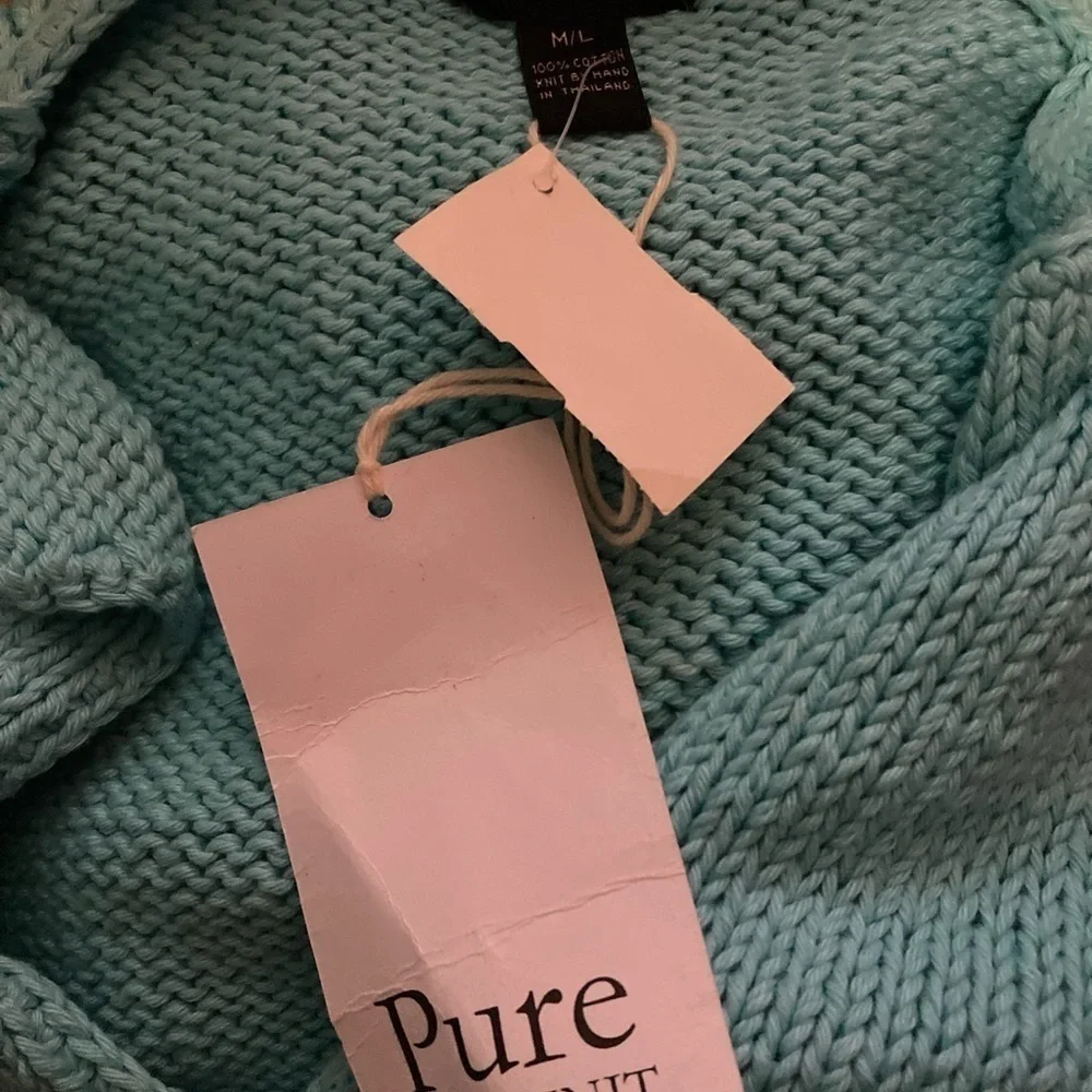 PURE HANDKNIT turquoise w/front wooden buttons 100%cotton cardigan  MED NWT